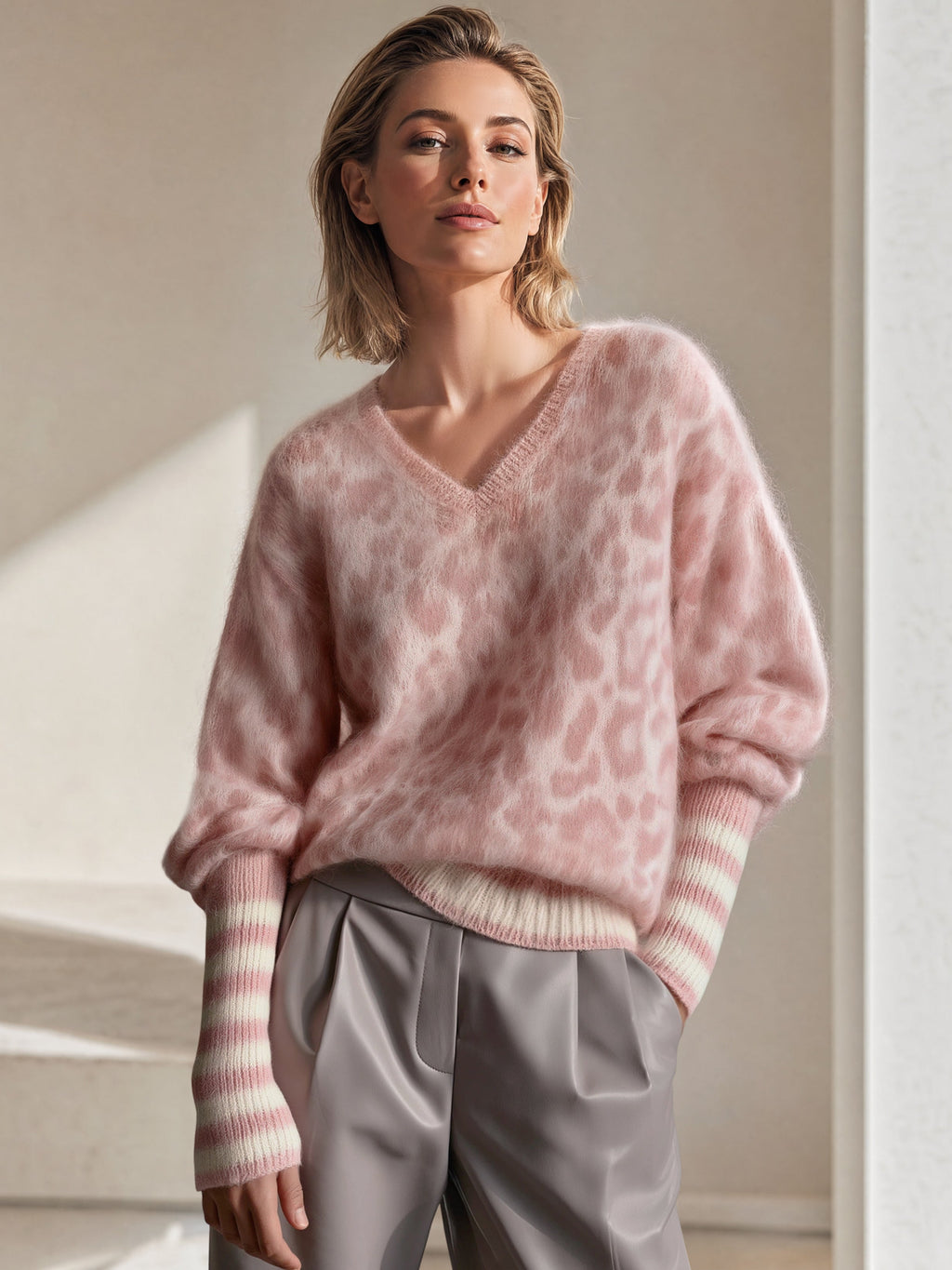 Mohair Leopard Print V-Neck Sweater