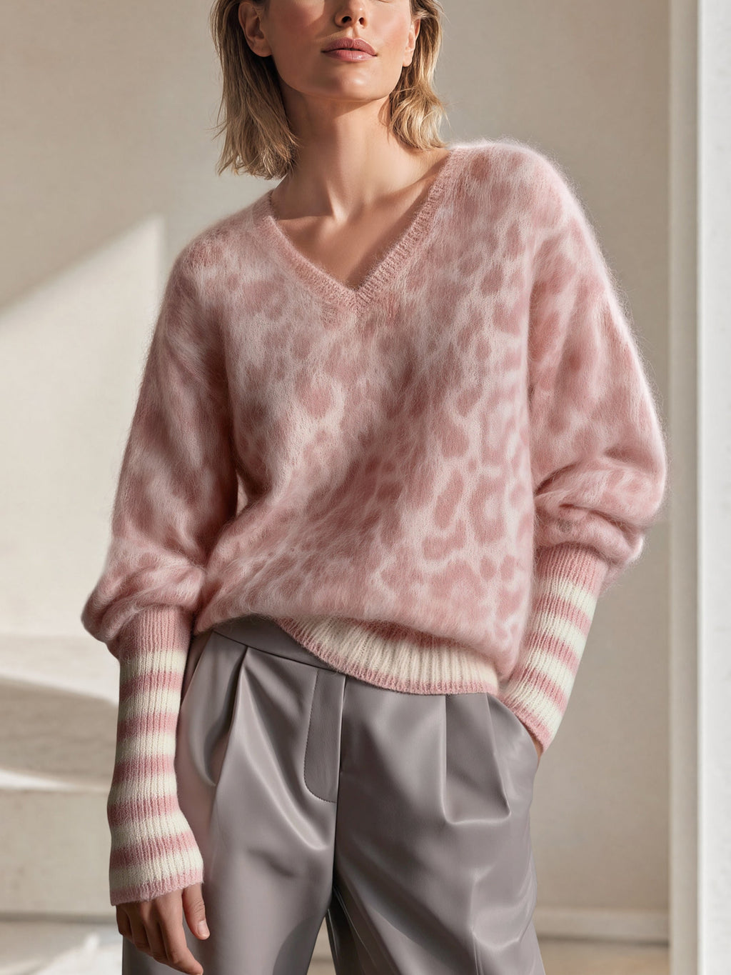 Mohair Leopard Print V-Neck Sweater