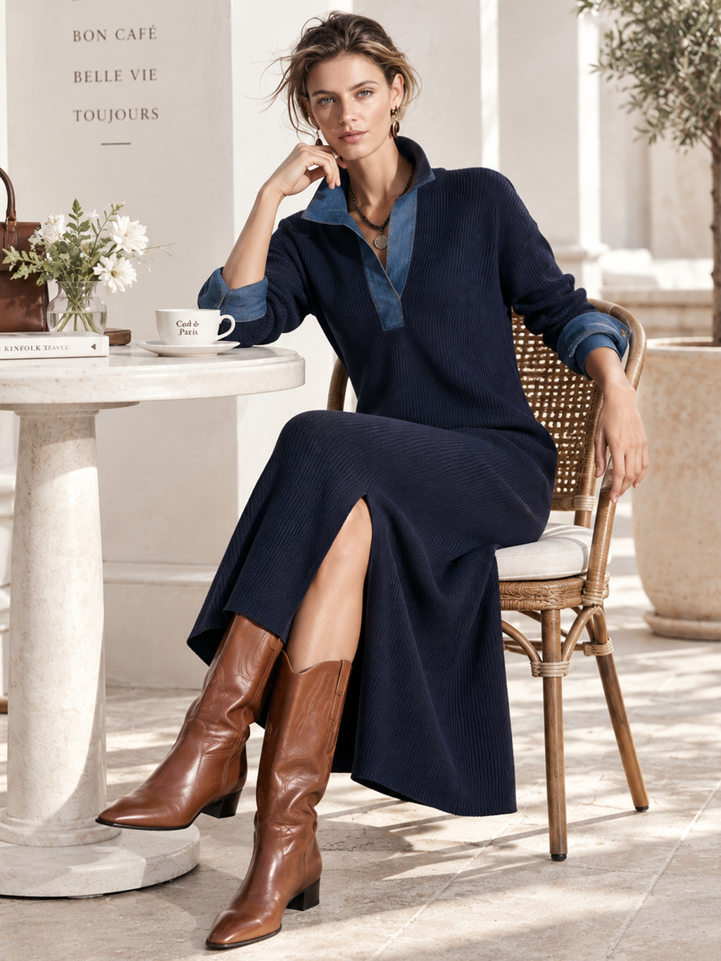 Elegant Navy Blue Knit Midi Dress With Denim-Trimmed Collar