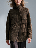 Women's Dark Brown Vintage Stand Collar Utility Suede Jacket