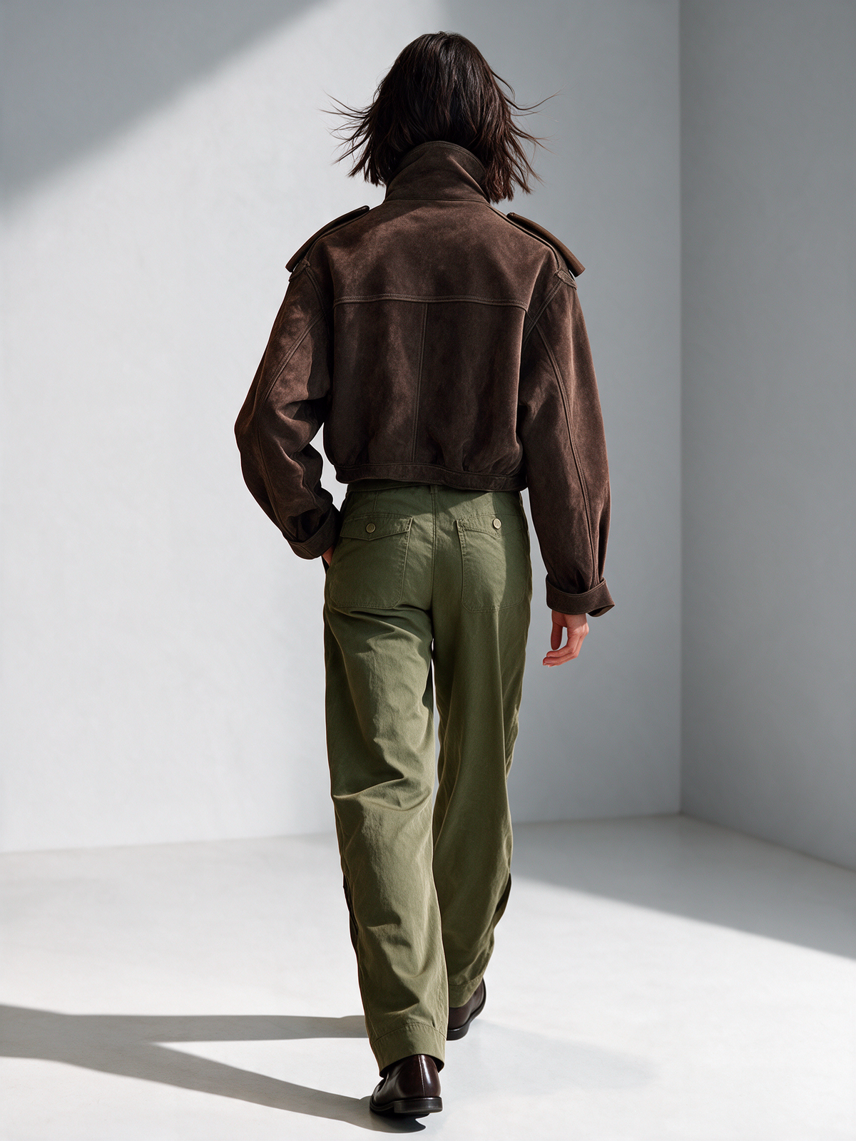 Women's Dark Brown Cropped Stand Collar Utility Suede Jacket