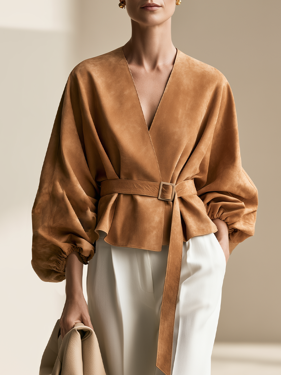 Women's Minimalist Belted Balloon Sleeves Short Jacket