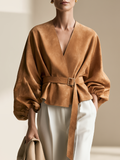 Women's Minimalist Belted Balloon Sleeves Short Jacket