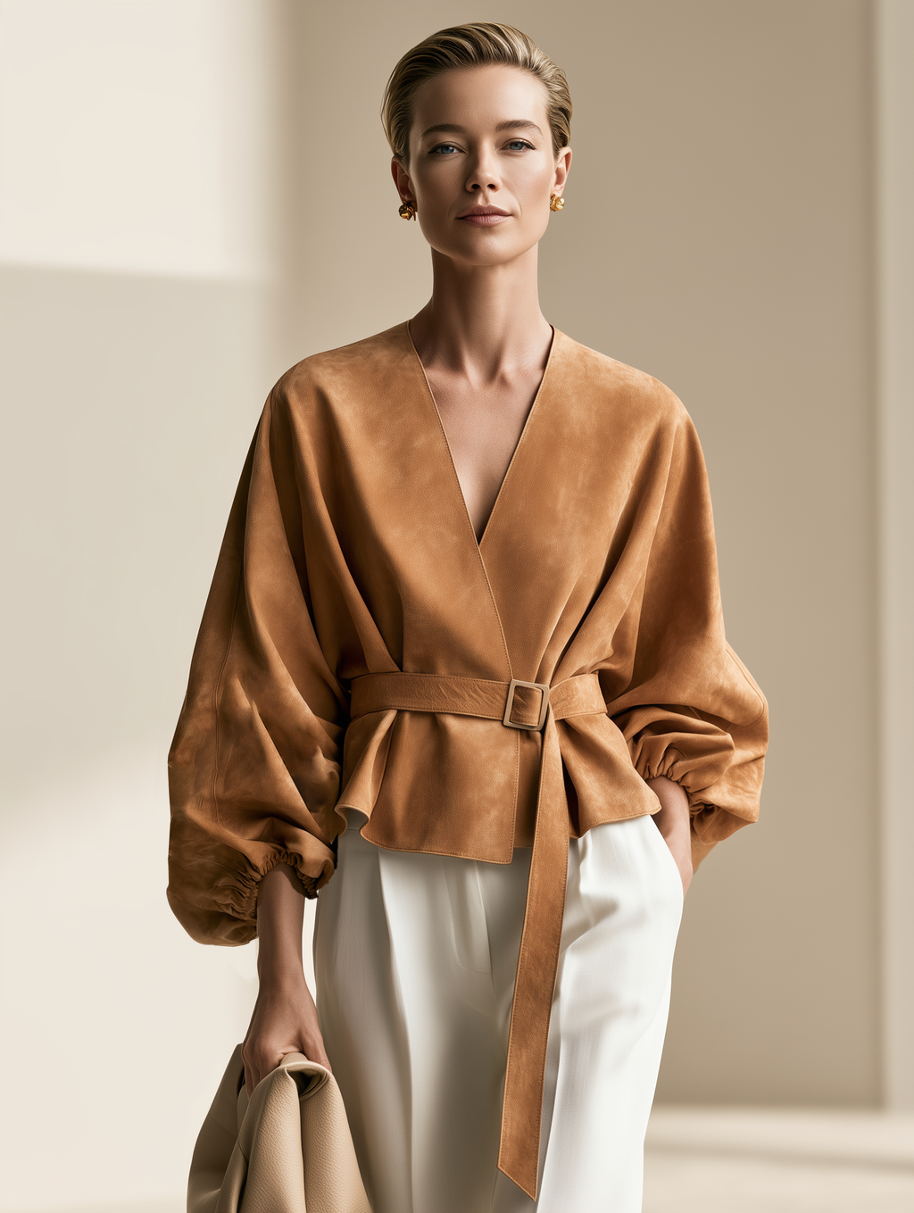Women's Minimalist Belted Balloon Sleeves Short Jacket