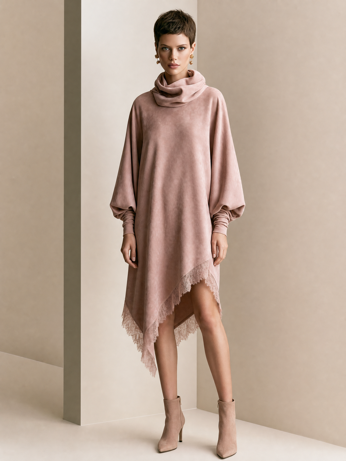 Women's Cowl Neck Pink Lace Trim Midi Dress