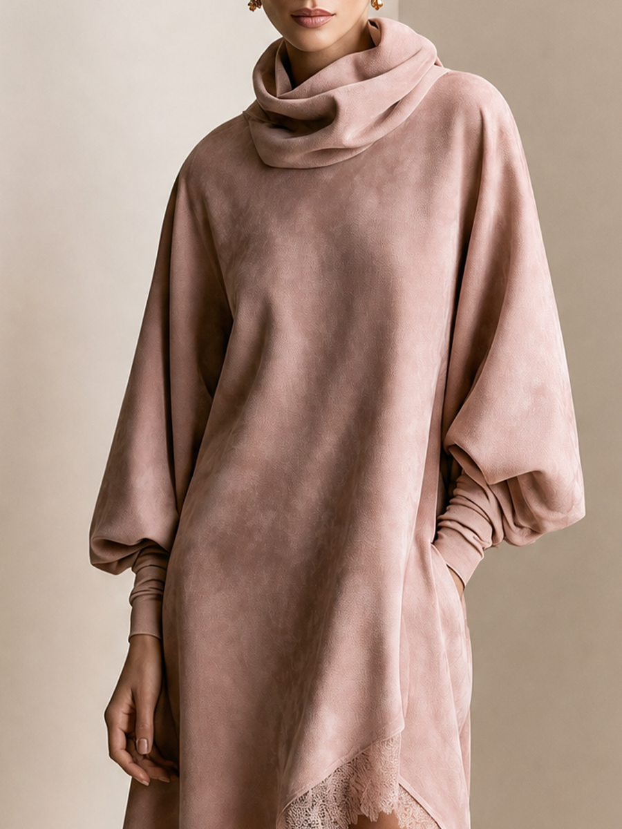 Women's Cowl Neck Pink Lace Trim Midi Dress