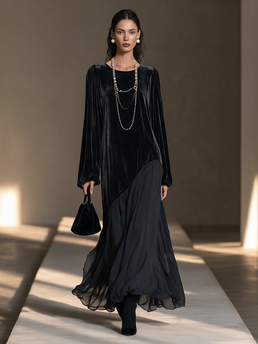 Women's Black Round-Neck Blouson-Sleeve Velvet-and-Chiffon Asymmetric Full-Skirt Maxi Dress