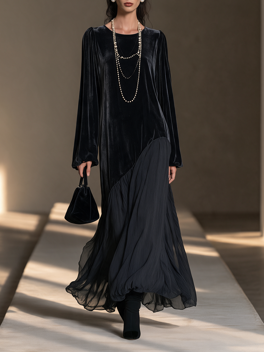 Women's Black Round-Neck Blouson-Sleeve Velvet-and-Chiffon Asymmetric Full-Skirt Maxi Dress
