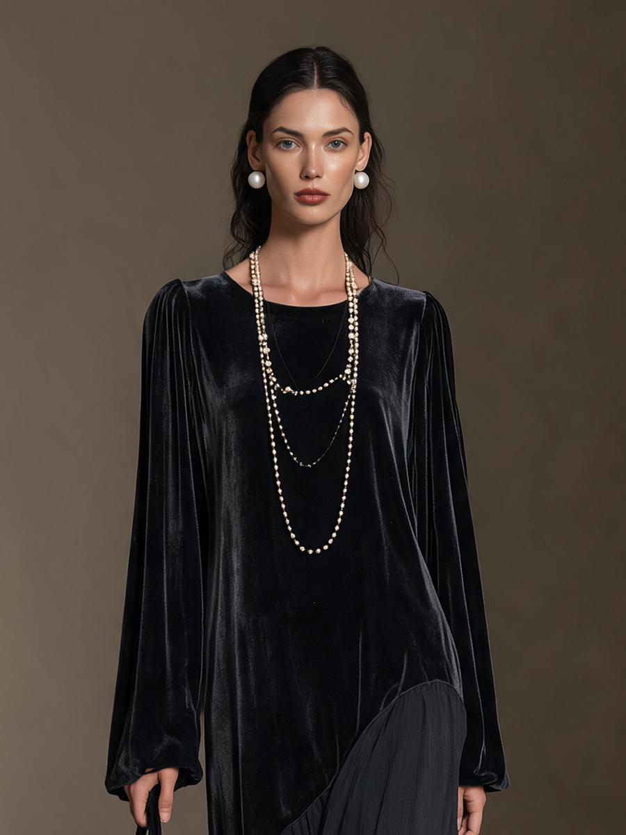 Women's Black Round-Neck Blouson-Sleeve Velvet-and-Chiffon Asymmetric Full-Skirt Maxi Dress