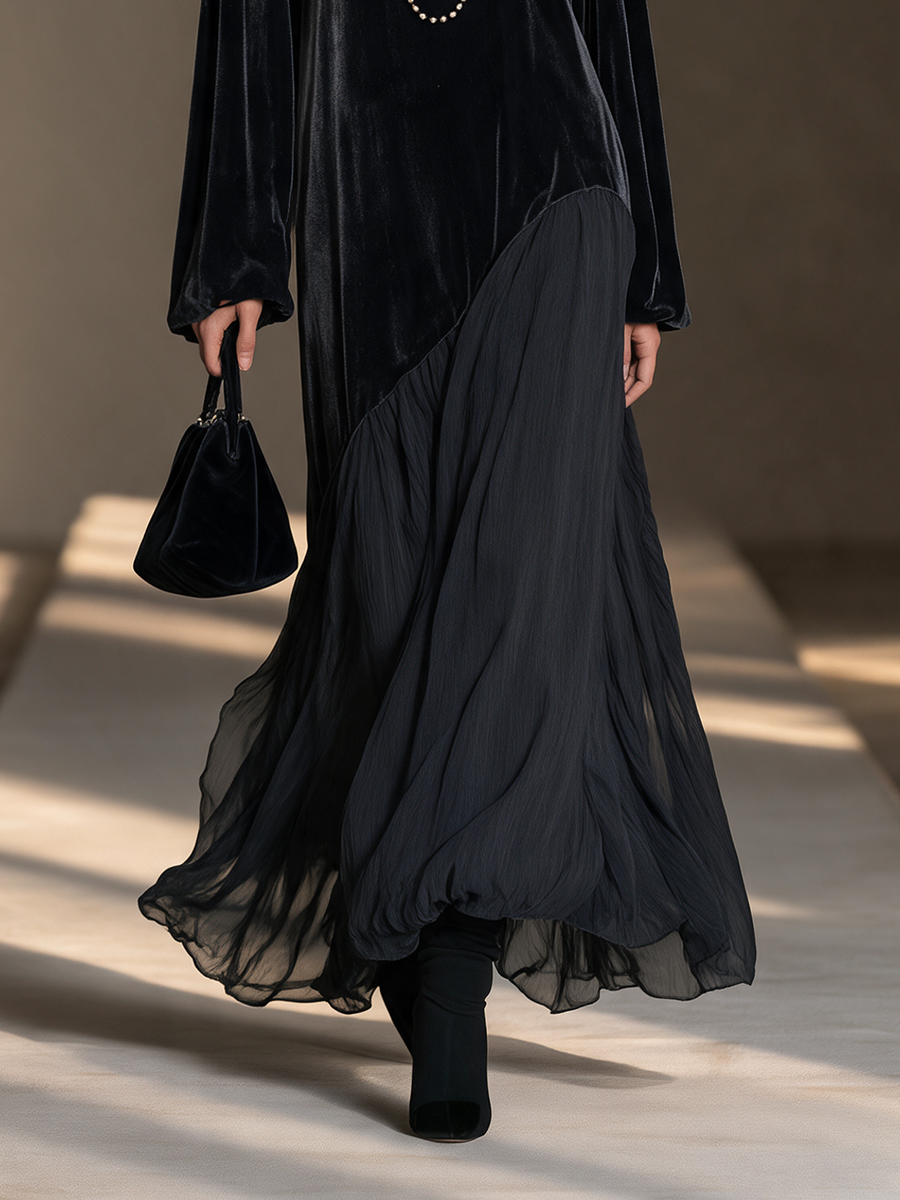 Women's Black Round-Neck Blouson-Sleeve Velvet-and-Chiffon Asymmetric Full-Skirt Maxi Dress