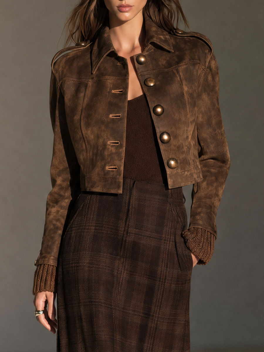 Women's Brown Collared Covered-Button Epaulette Cropped Faux-Suede Jacket
