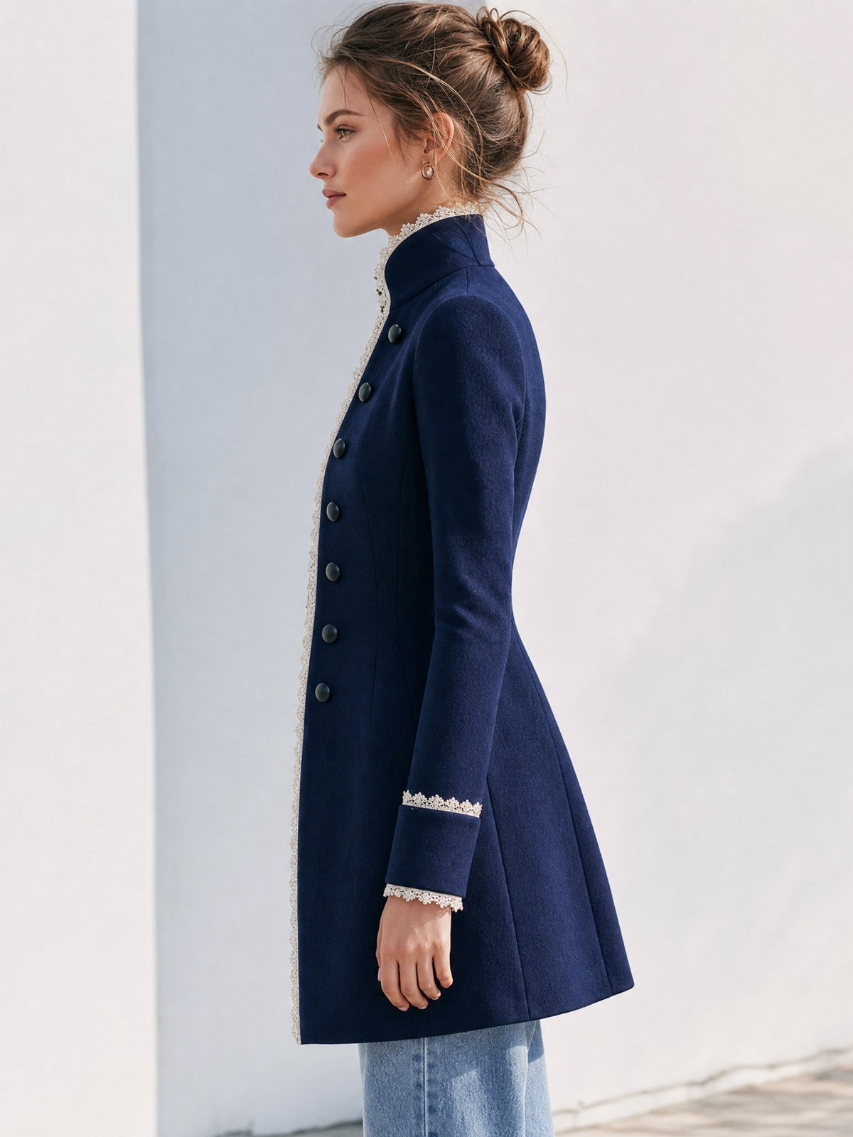 Navy Lace Trim Stand Collar Coat