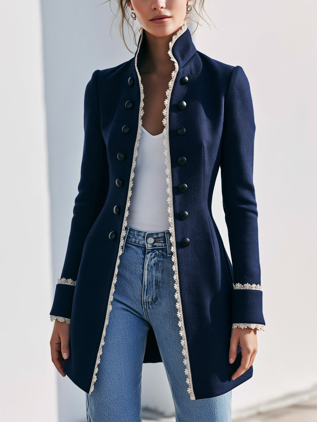 Navy Lace Trim Stand Collar Coat
