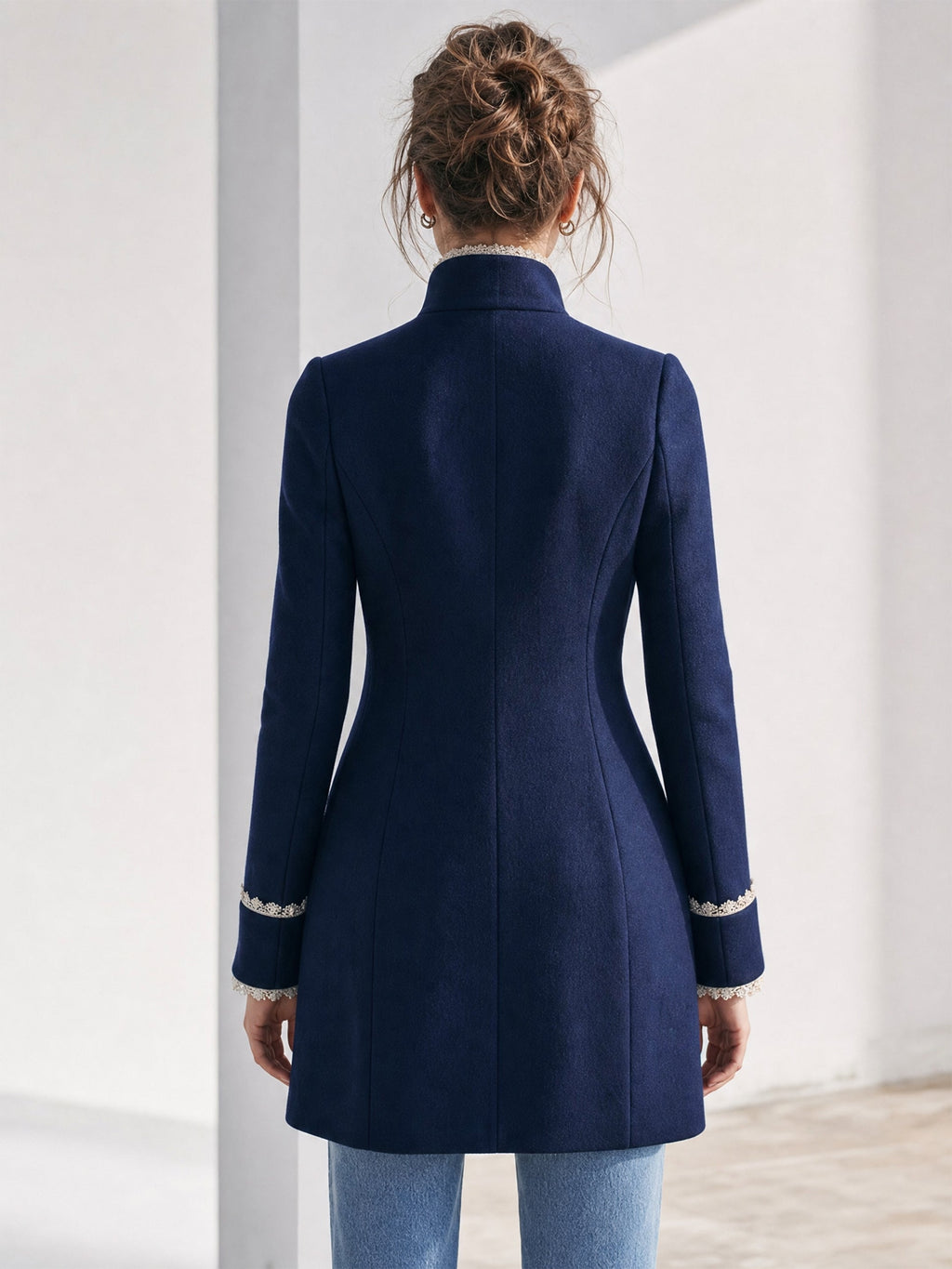 Navy Lace Trim Stand Collar Coat