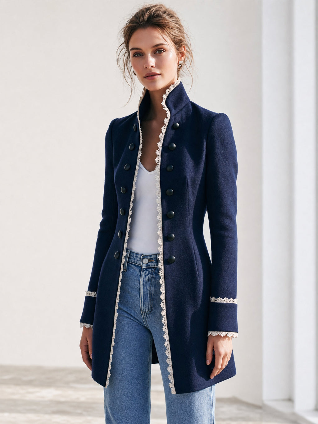 Navy Lace Trim Stand Collar Coat