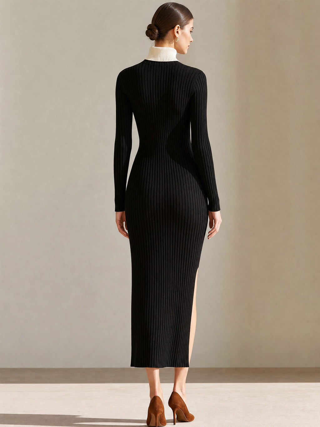Gold Button Split Sweater Midi Dress