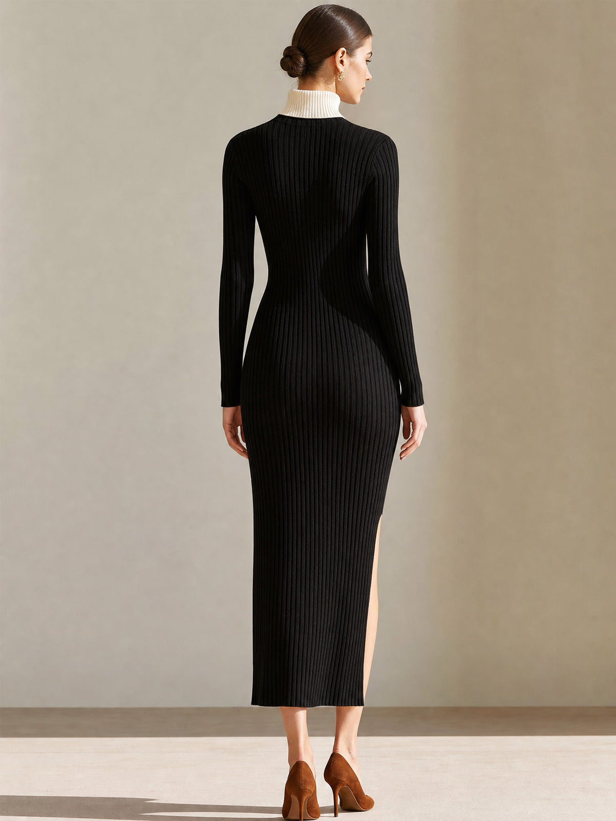 Gold Button Split Sweater Midi Dress