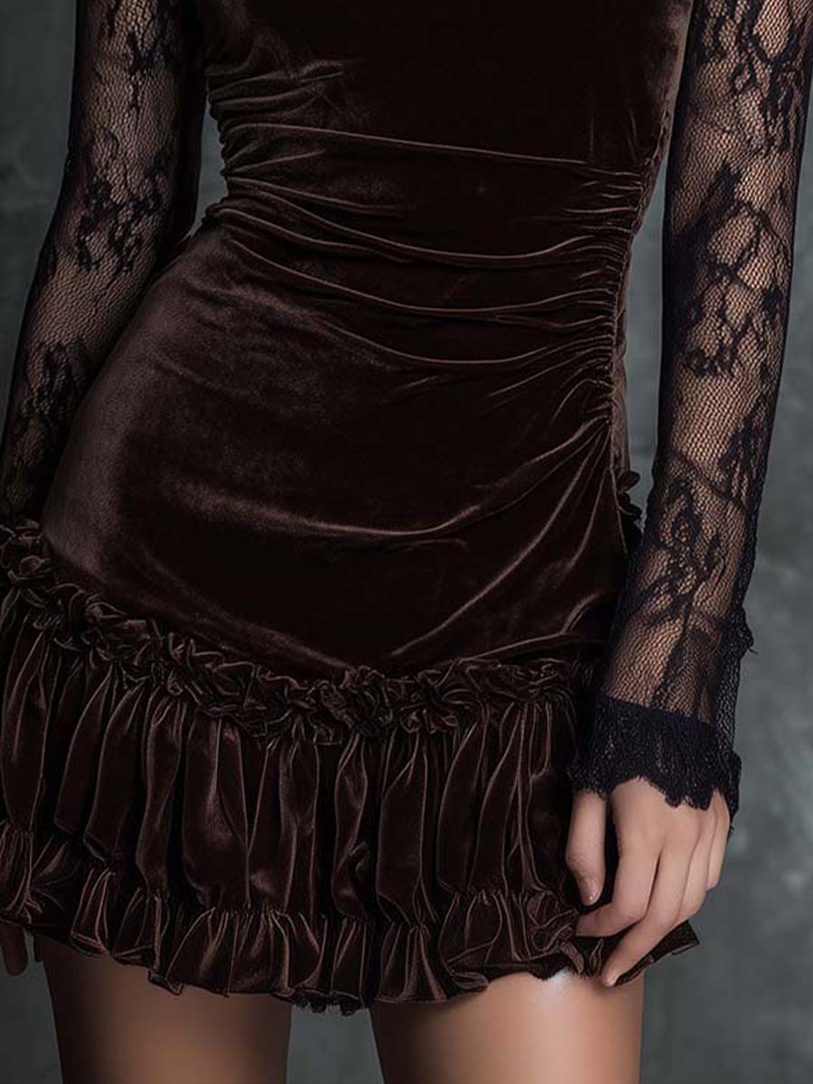 Chocolate Velvet Lace Gothic Pleated Mini Dress