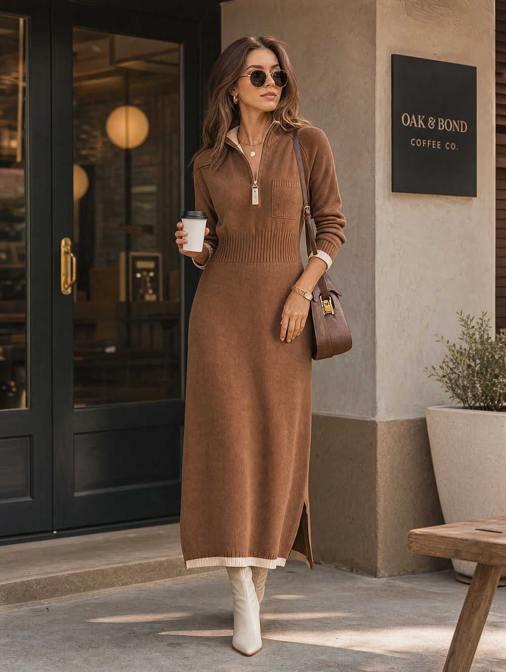 Women's Retro Color-Block Raglan-Sleeve Maxi Dress With Trim And Zip-Up Stand Collar MDZ2180H2WY