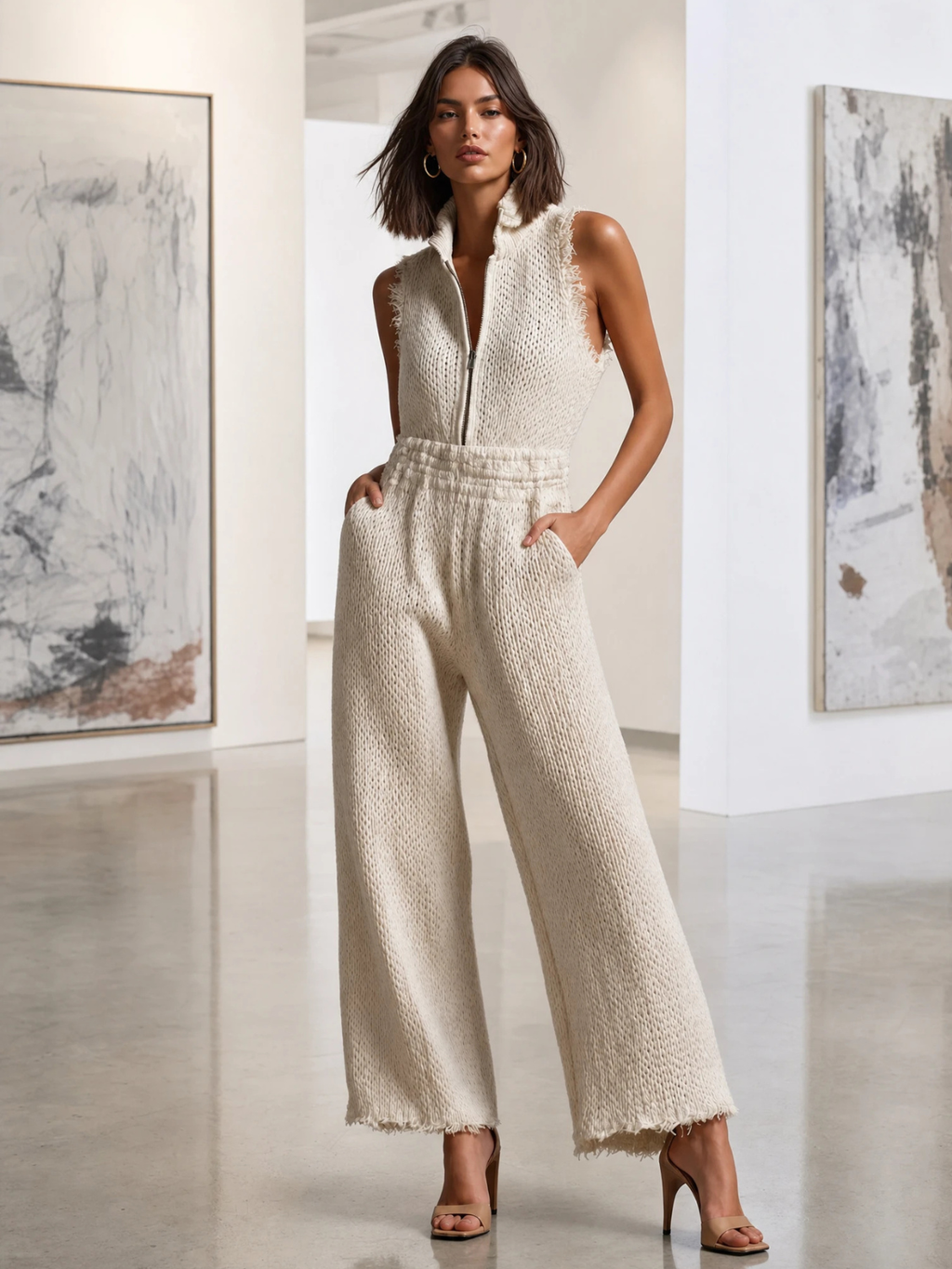 Chic Elegant Cream White Stand Collar Half Zip Frayed Edge Sleeveless Elastic-Waist Loose-Fit Knit Jumpsuit