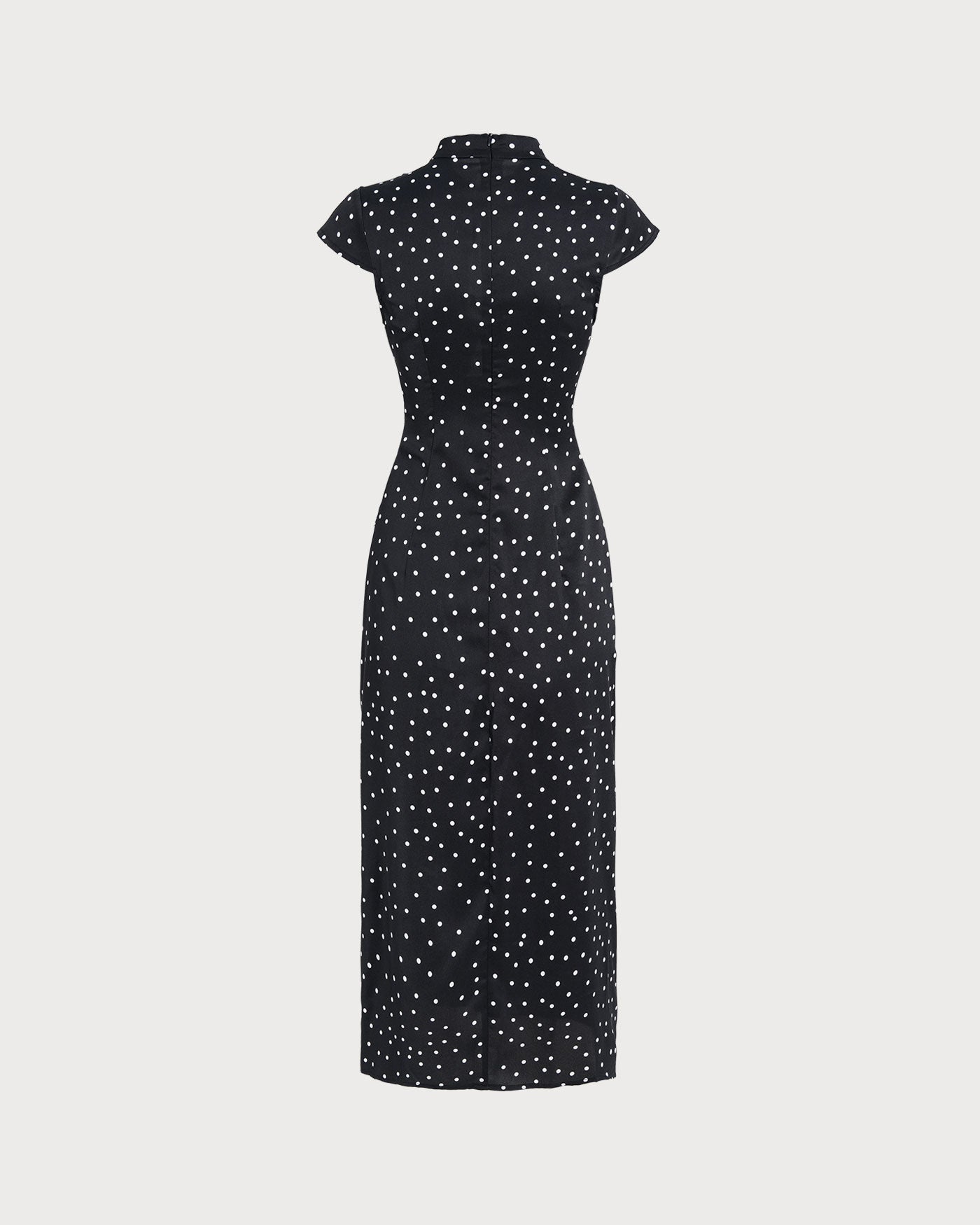 Black Polka Dot Midi Dress with Mandarin Collar