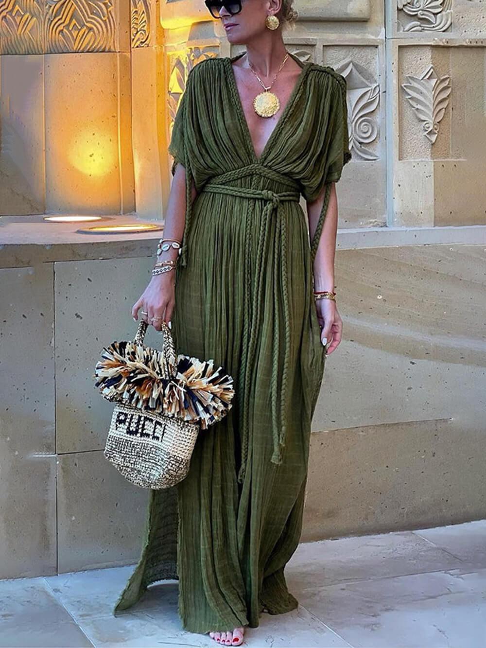 Draped Braids Kimono Cover-Up Slit Maxi Dress