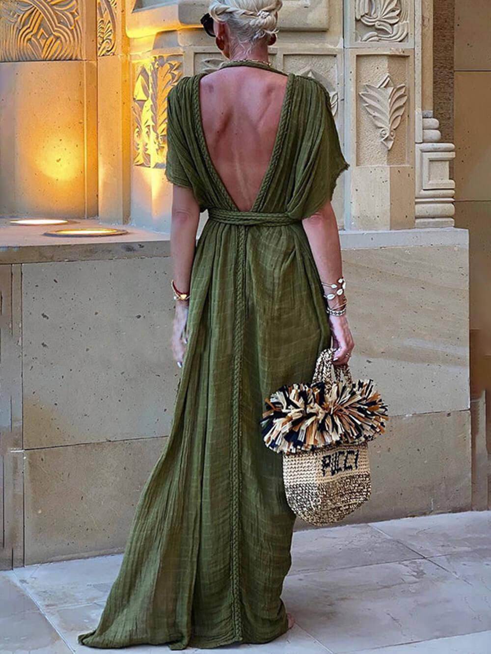 Draped Braids Kimono Cover-Up Slit Maxi Dress