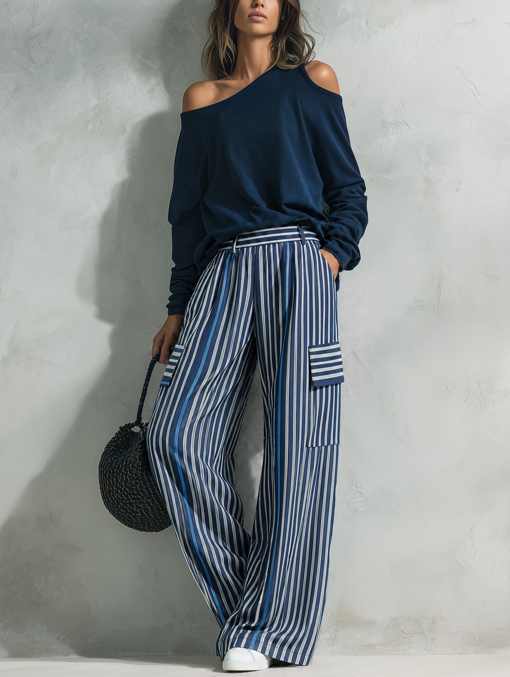 Women's Casual 2-Piece Set Long-sleeved Top In Navy Blue Sweatshirt Fabric And Blue-and-white Striped Woven Trousers MDZ2895G0LXY