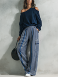 Women's Casual 2-Piece Set Long-sleeved Top In Navy Blue Sweatshirt Fabric And Blue-and-white Striped Woven Trousers MDZ2895G0LXY