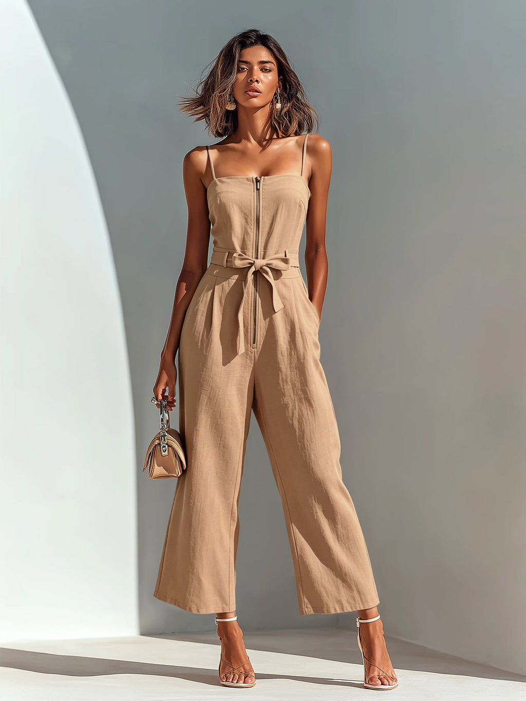 Chic Casual Camel Cotton-Linen Blend Strappy Sleeveless Zipper-Front Tie-Waist Wide-Leg Cropped Jumpsuit