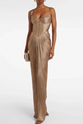 Nicoletta Gold Glossy Pleated Corset Maxi Dress