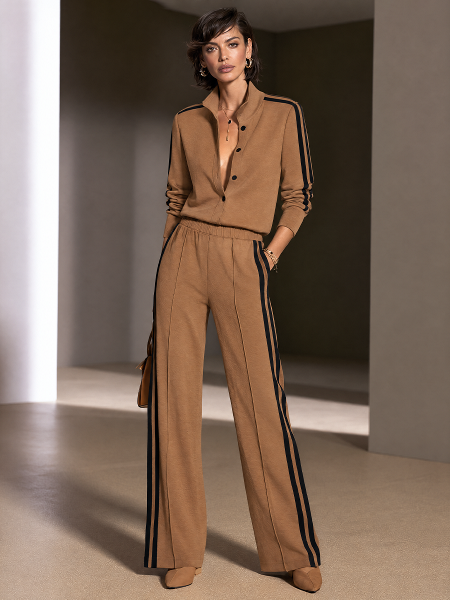 Women's Contrast Stripe Casual Stand Collar Wide-Leg Pants Set MDZ0103I7GMJ
