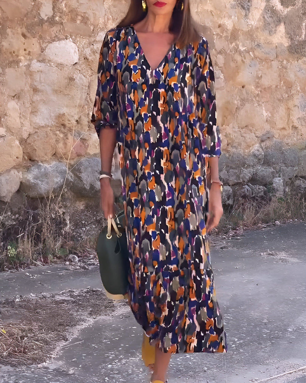 NATHALIE | RETRO PRINTED DRESS WITH V - NECK - Rossis Family Boutique Miami