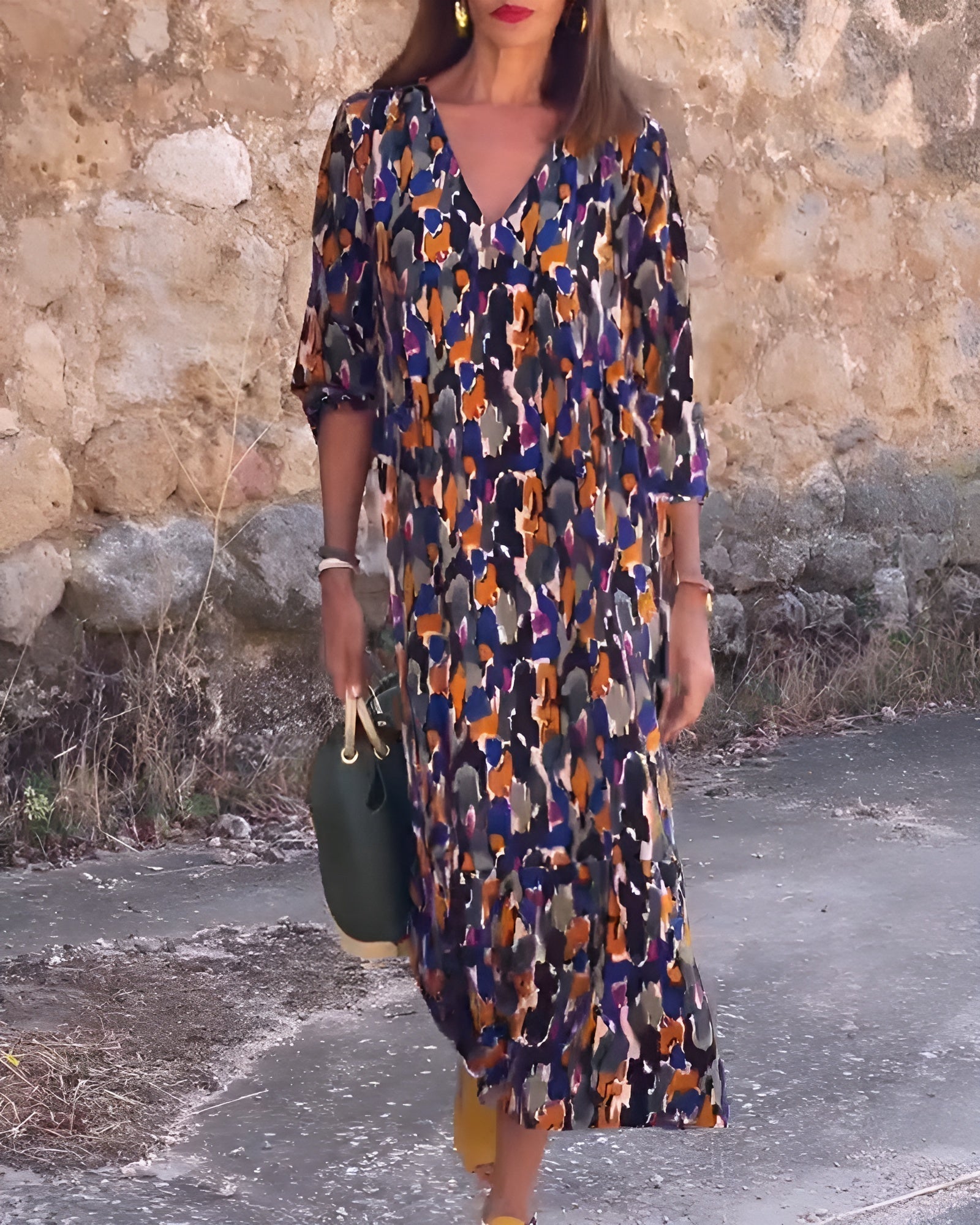 NATHALIE | RETRO PRINTED DRESS WITH V - NECK - Rossis Family Boutique Miami