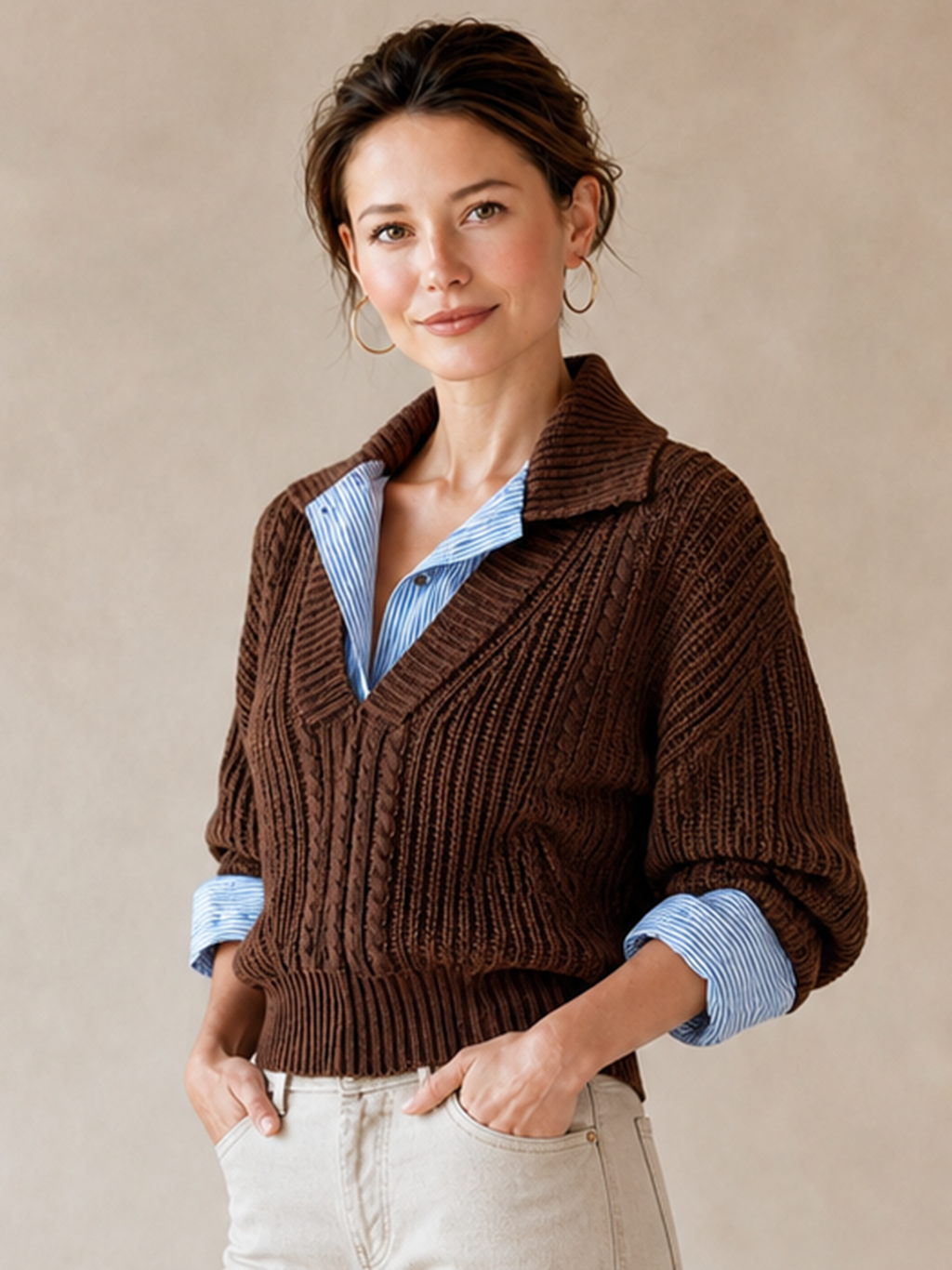 Brown Cable‑Knit Collared Fake Two‑Piece Pullover