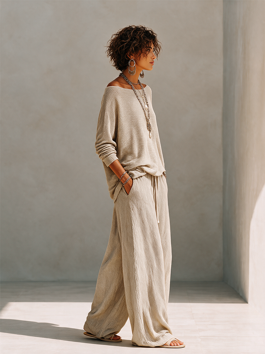 Women's Casual Wool-Knit Boat-Neck Dropped-Shoulder Long-Sleeve Sweater & Drawstring Wide-Leg Trouser Set MDZ1810H2CMX