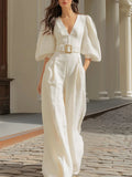 White V-Neck Wide-Leg Jumpsuit with Lantern Sleeves (Belt Included)