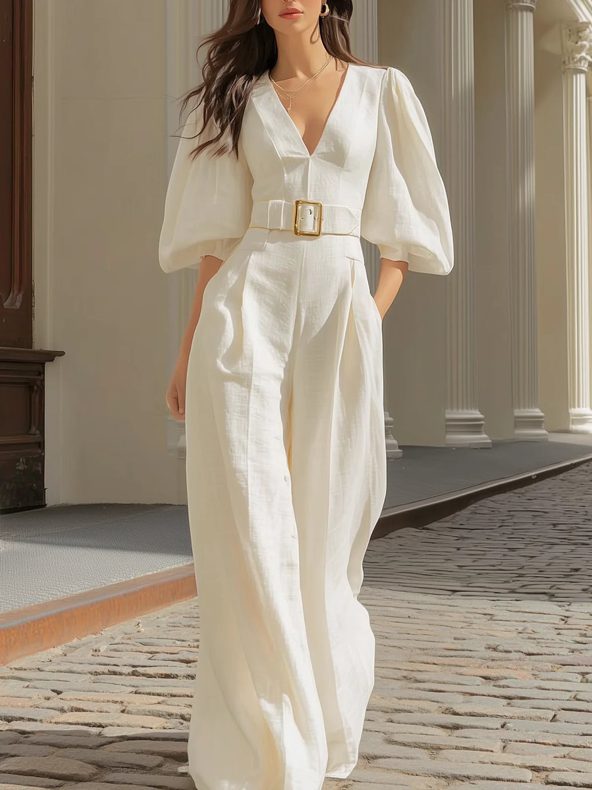 White V-Neck Wide-Leg Jumpsuit with Lantern Sleeves (Belt Included)