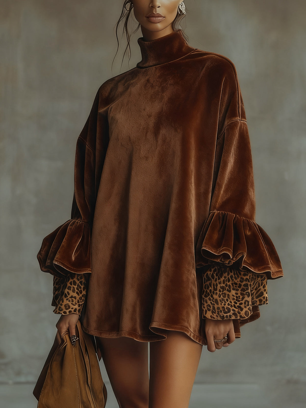 Velvet Mini Dress with Flounce Sleeves and Leopard Cuffs