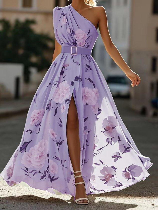 Light Green Floral One Shoulder Ruffled Chiffon A-Line Maxi Dress