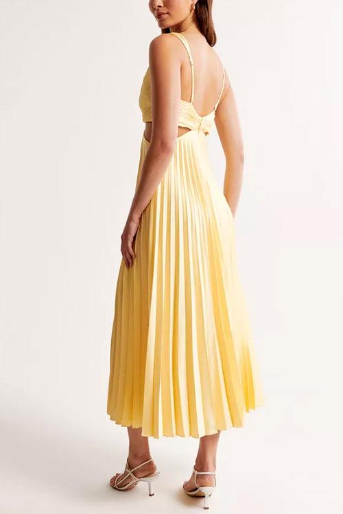 V-Neck Cut-Out Waist Sleeveless Pleated Maxi Dress