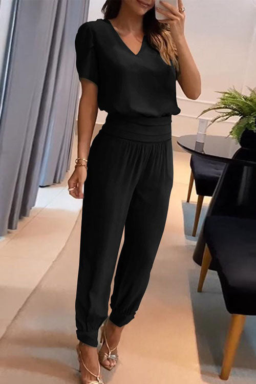 Two Piece Casual V-Neck Printed Short Sleeve Top and Long Pants Set