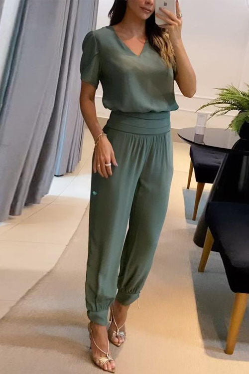 Two Piece Casual V-Neck Printed Short Sleeve Top and Long Pants Set