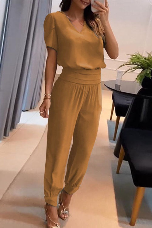 Two Piece Casual V-Neck Printed Short Sleeve Top and Long Pants Set