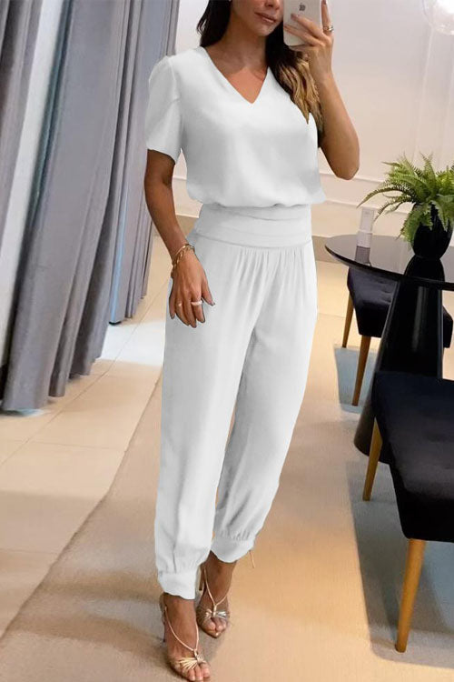 Two Piece Casual V-Neck Printed Short Sleeve Top and Long Pants Set
