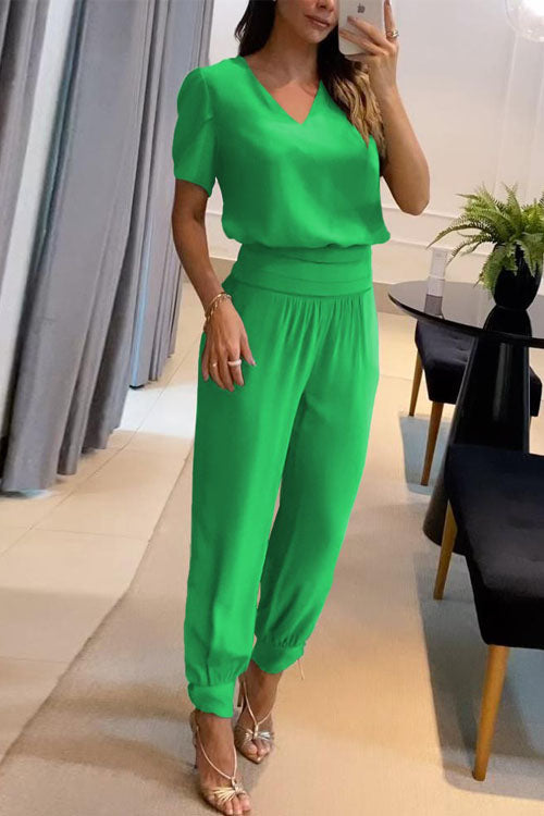 Two Piece Casual V-Neck Printed Short Sleeve Top and Long Pants Set