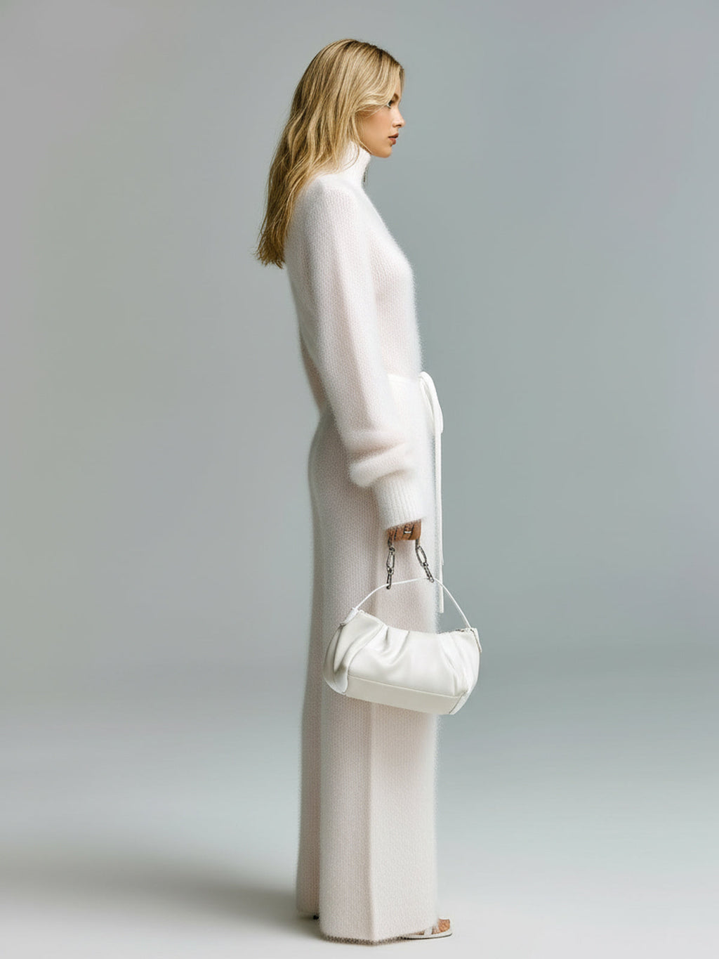 Chic Vintage Ivory Zipper-Up Stand Collar Belted Long Sleeve Loose-Fit Wide-Leg Fuzzy Knit Jumpsuit