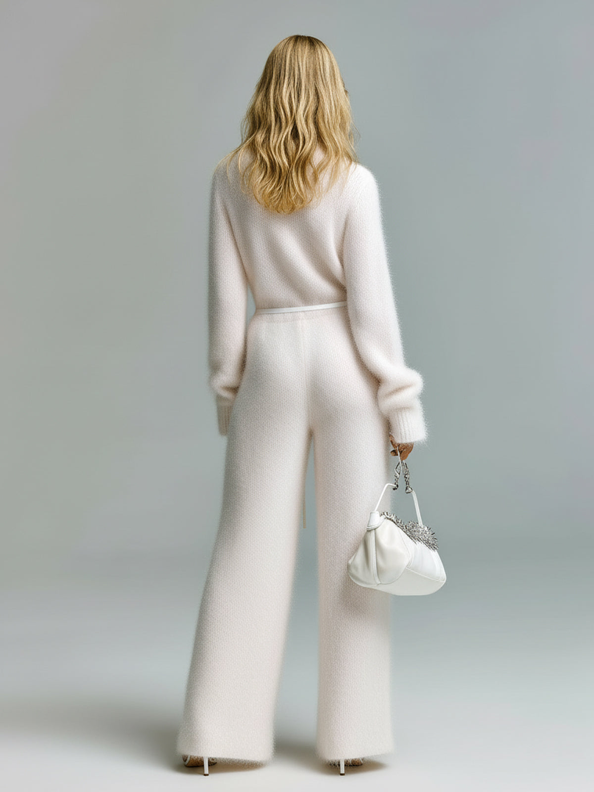 Chic Vintage Ivory Zipper-Up Stand Collar Belted Long Sleeve Loose-Fit Wide-Leg Fuzzy Knit Jumpsuit