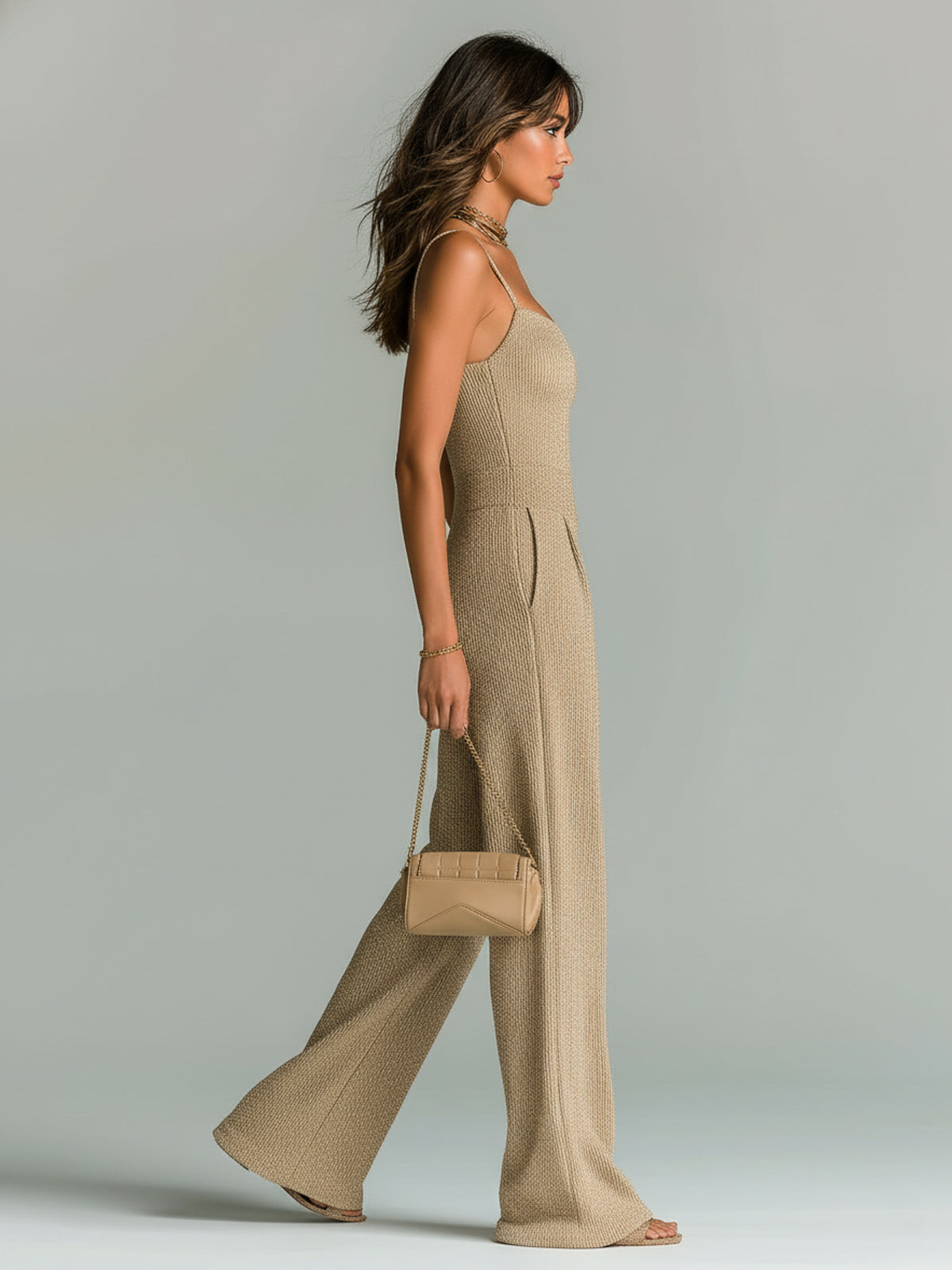 Chic Casual Camel Strappy Sleeveless Tailored Waist Wide Leg Ribbed Knit Jumpsuit