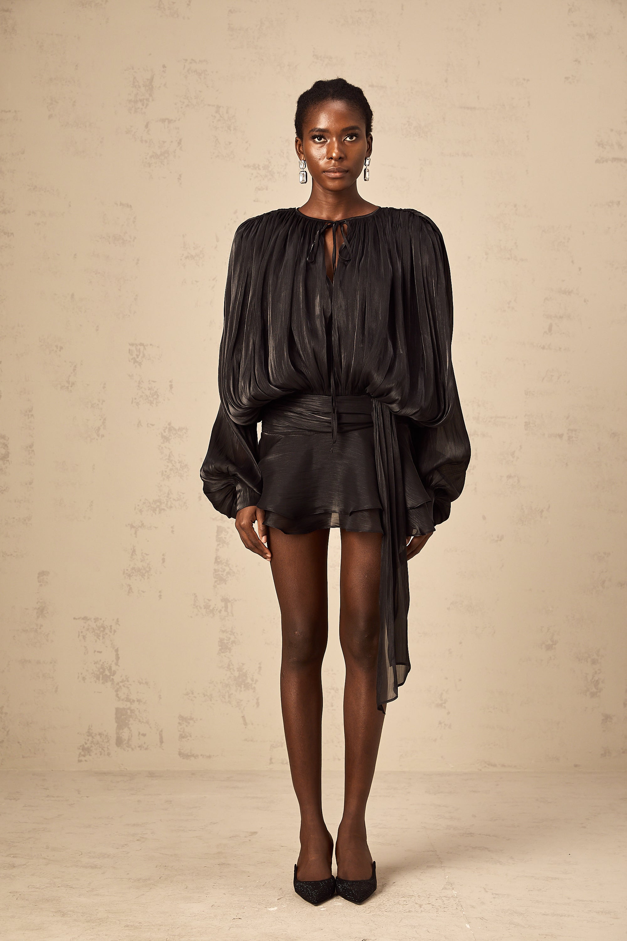 Eugénie Black Fully Pleated Ruffled Mini Dress